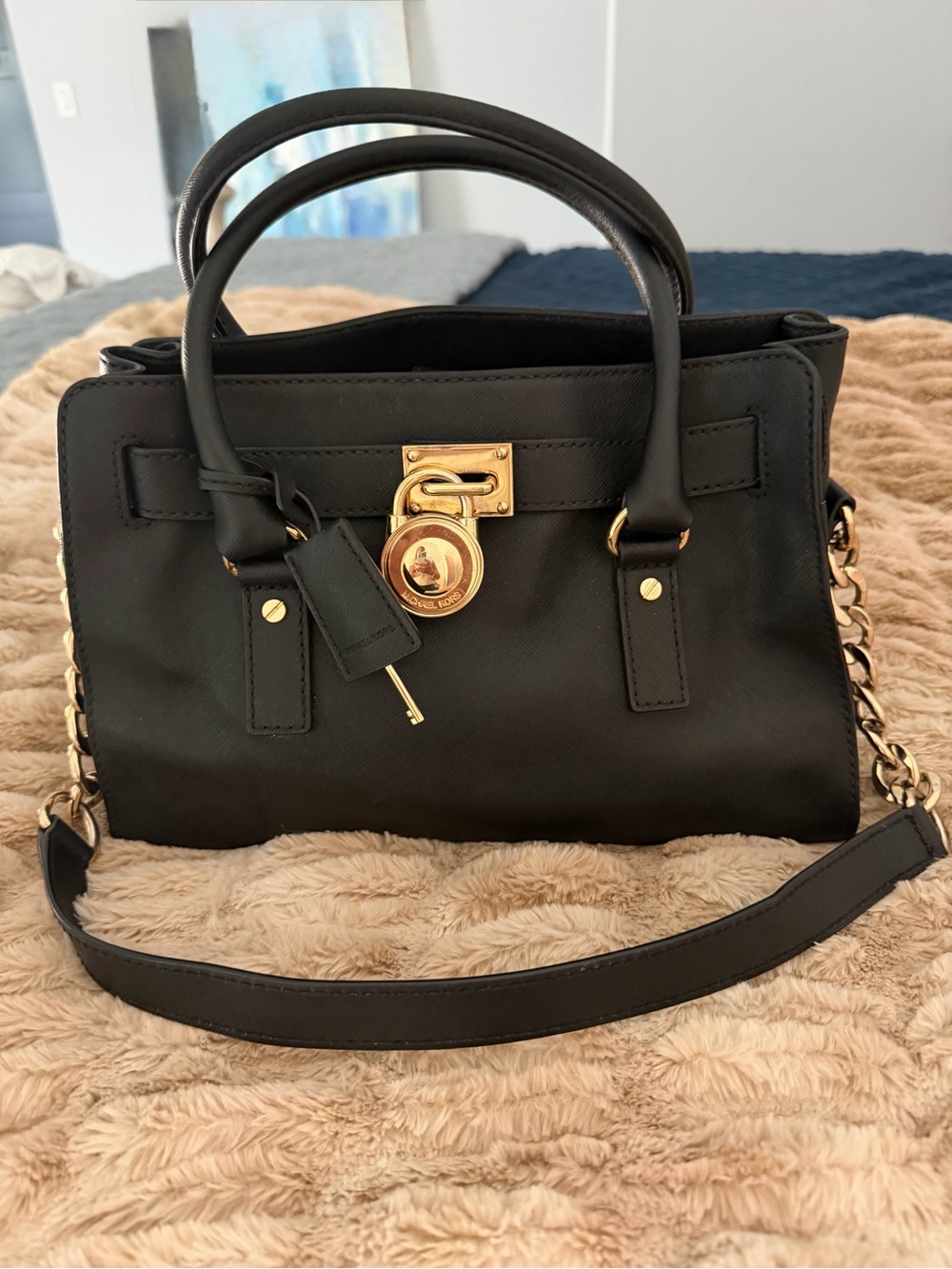 Michael Kors Hamilton Black Saffiano Leather Satchel Gold Hardware